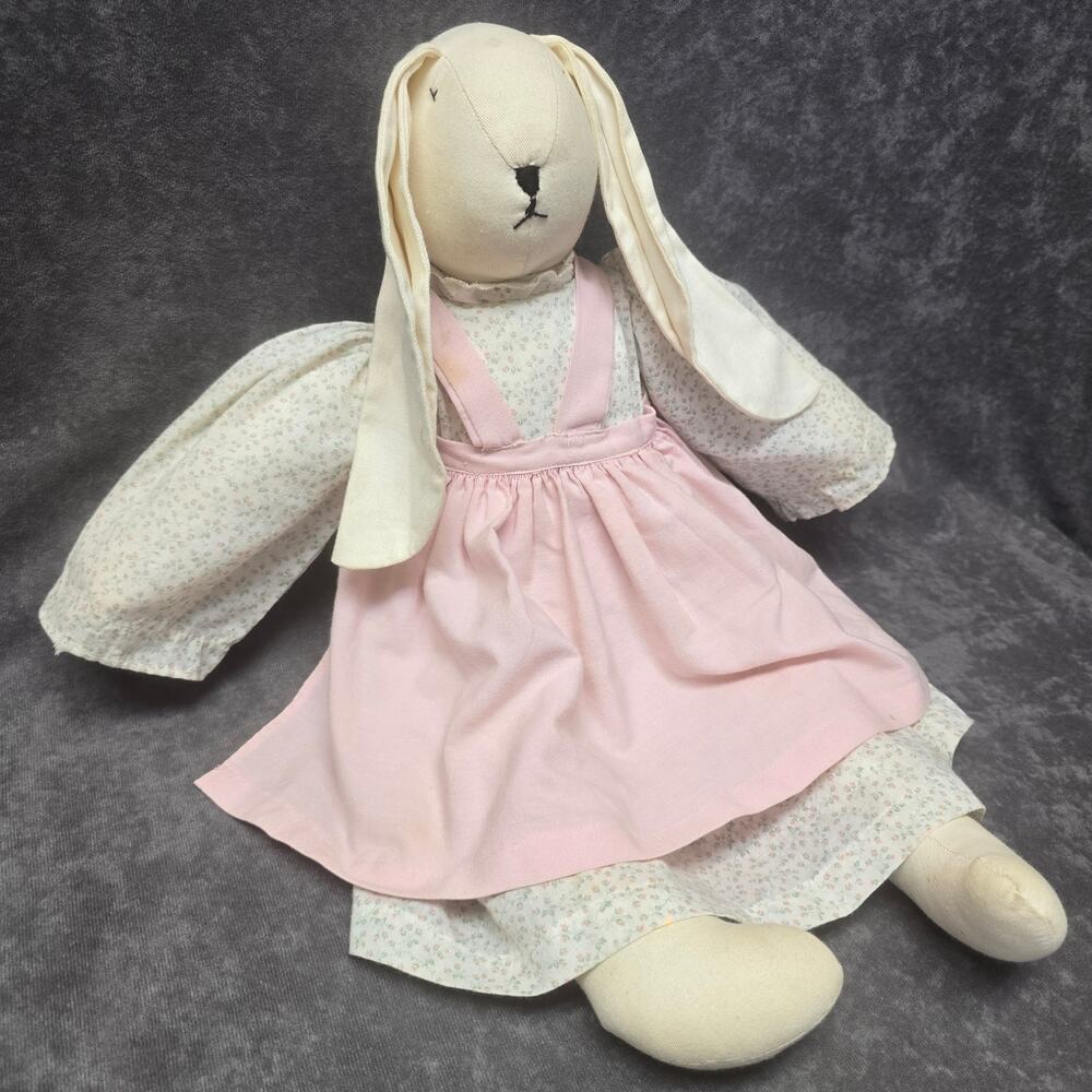 Vintage Folk Art Handmade Stitched Cloth Bunny Rabbit Pink Dress 19" Doll